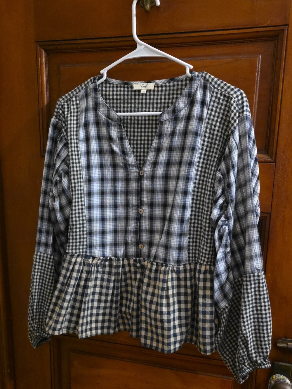 easel Black and Blue Plaid Peplum Button-Front Blouse